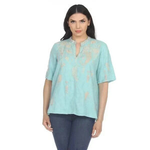 Johnny Was Los Angeles Sidra Easy Linen V Neck Top embroidered size XS